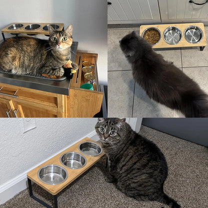 Triple Raised Feeding Bowls for small Dogs & Cats | Ergonomic Wooden Stand