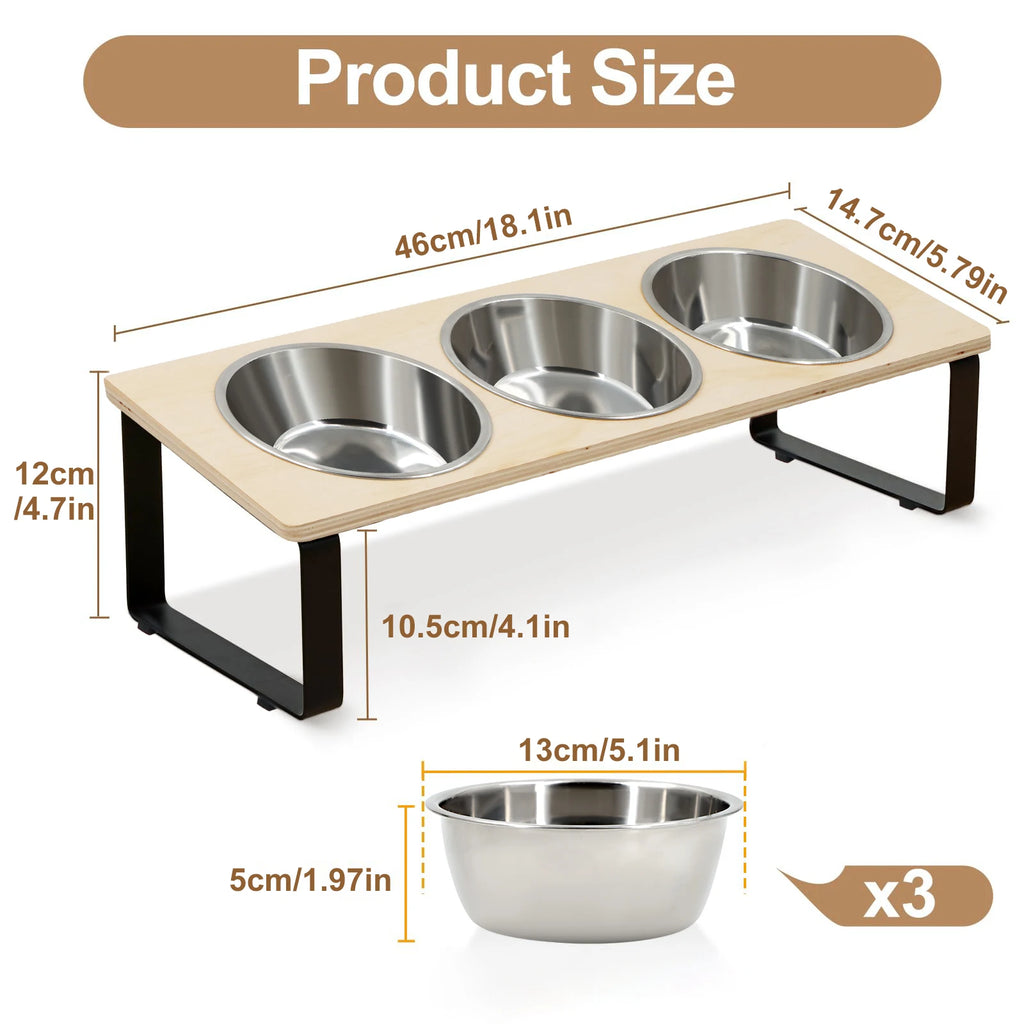 Triple Raised Feeding Bowls for small Dogs & Cats | Ergonomic Wooden Stand