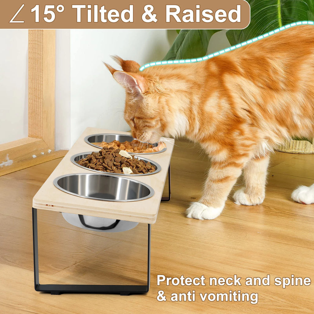 Triple Raised Feeding Bowls for small Dogs & Cats | Ergonomic Wooden Stand