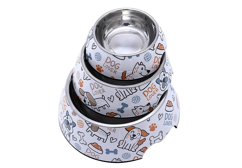 Paw Print Bones Stainless Steel Pet Bowl | Anti-Slip Food & Water Bowl for Dogs & Cats