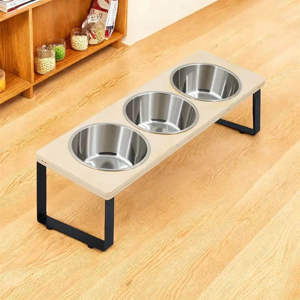 Triple Raised Feeding Bowls for small Dogs & Cats | Ergonomic Wooden Stand