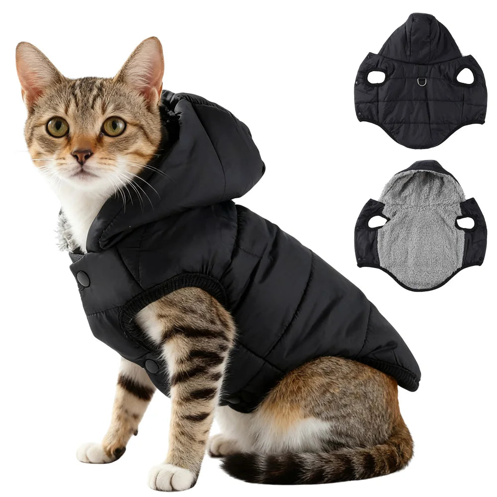 Waterproof Pet Hoodie Jacket with D-Ring | Winter Warm Fleece Coat for Cats & Small Dogs (XS–XL)