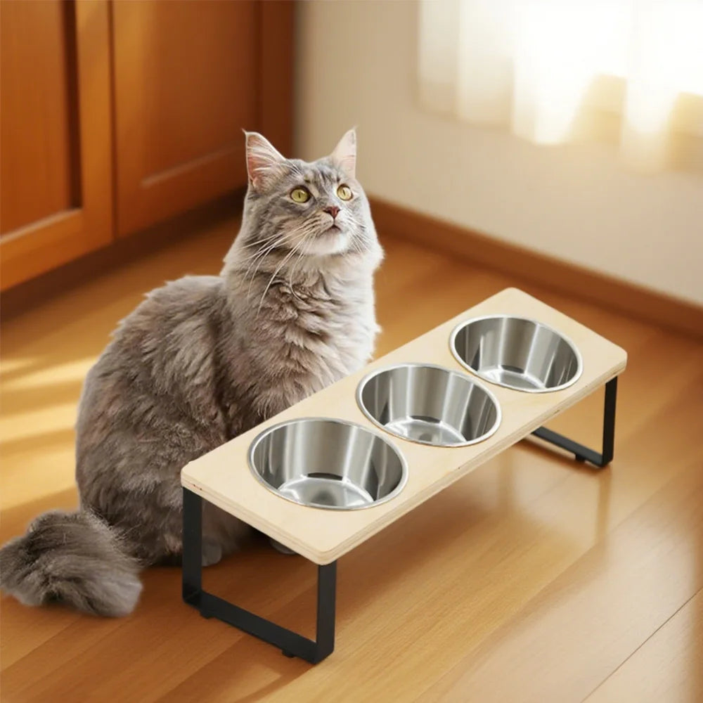Triple Raised Feeding Bowls for small Dogs & Cats | Ergonomic Wooden Stand