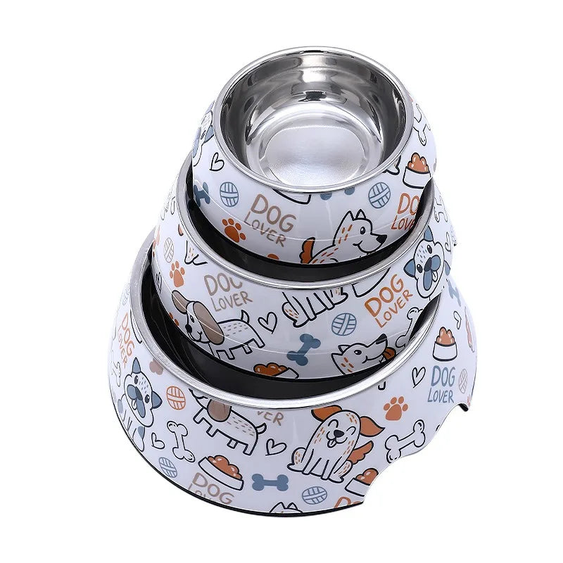 Paw Print Bones Stainless Steel Pet Bowl | Anti-Slip Food & Water Bowl for Dogs & Cats