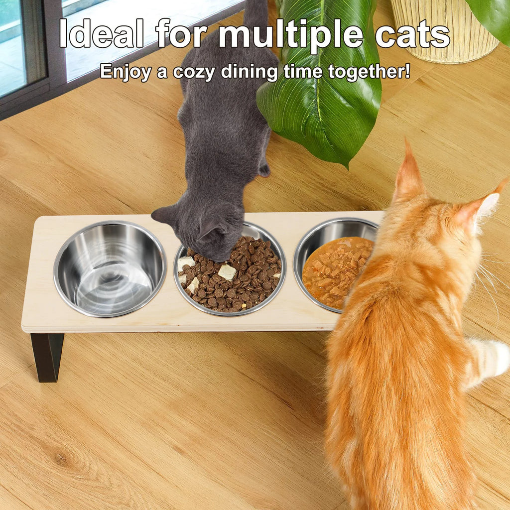Triple Raised Feeding Bowls for small Dogs & Cats | Ergonomic Wooden Stand