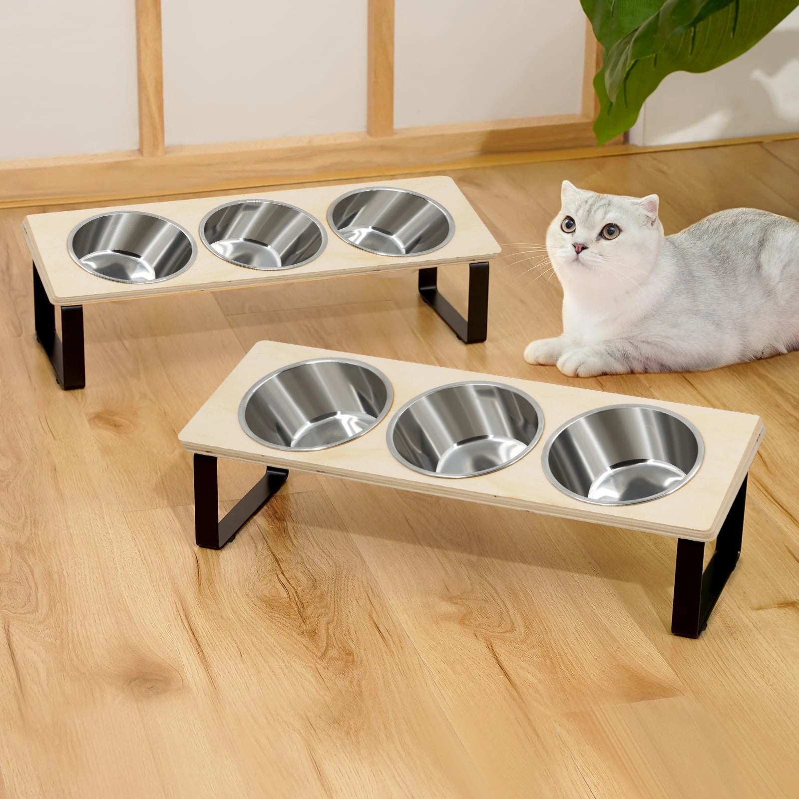 Triple Raised Feeding Bowls for small Dogs & Cats | Ergonomic Wooden Stand