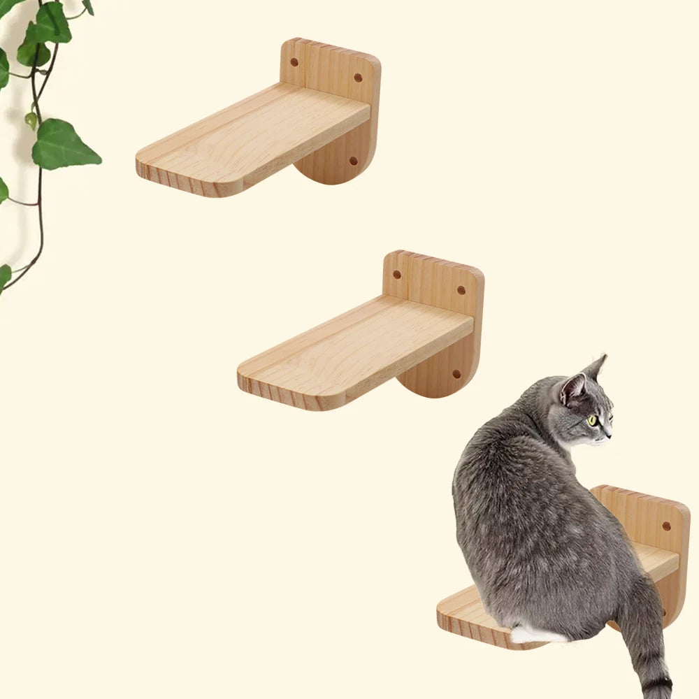 Wall-Mounted Wooden Cat Steps | 3-Level Climbing Shelves for Cats
