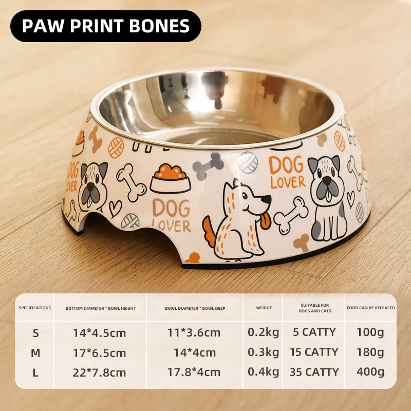 Paw Print Bones Stainless Steel Pet Bowl | Anti-Slip Food & Water Bowl for Dogs & Cats