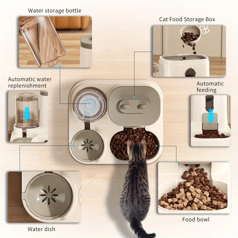 Cat Feeding & Drinking Station with Food Container and Water Dispenser