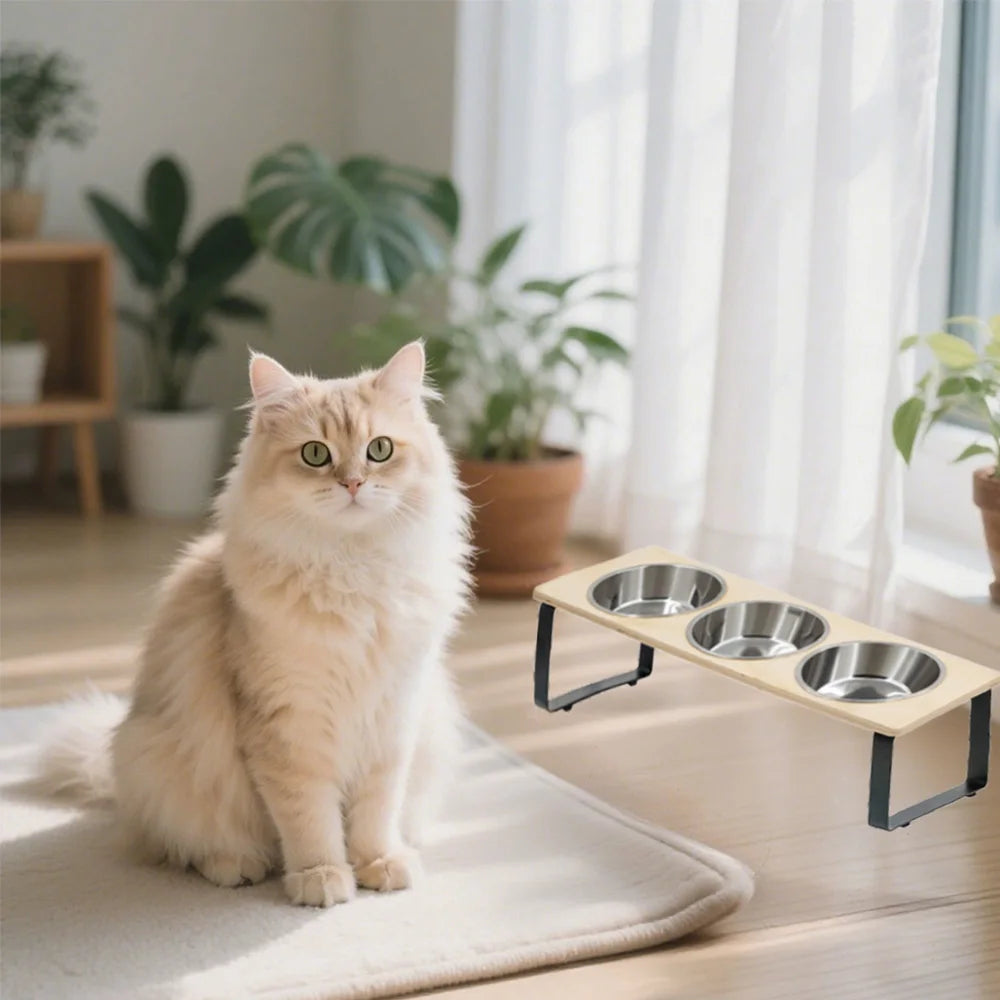Triple Raised Feeding Bowls for small Dogs & Cats | Ergonomic Wooden Stand