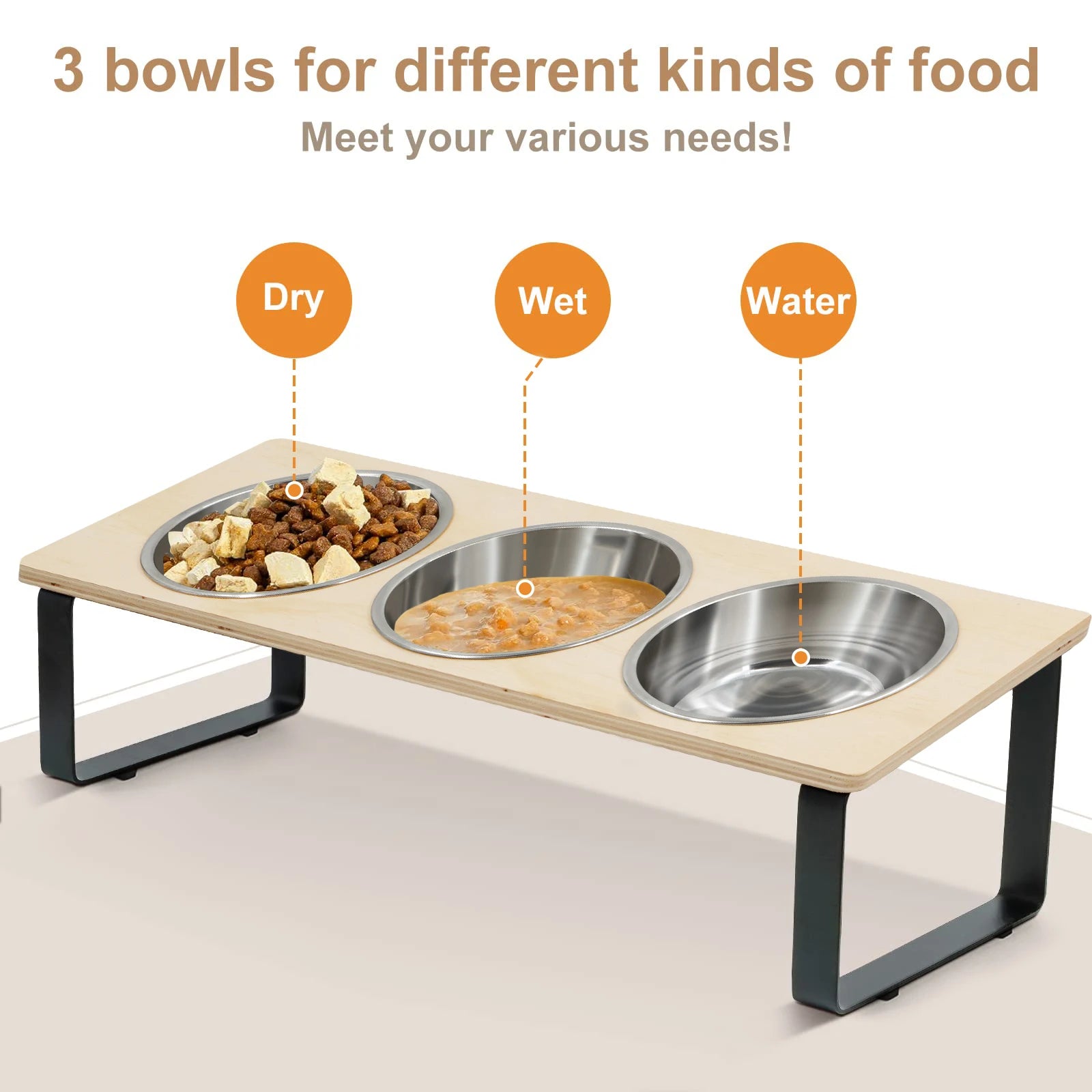 Triple Raised Feeding Bowls for small Dogs & Cats | Ergonomic Wooden Stand