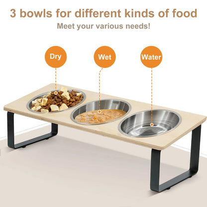 Triple Raised Feeding Bowls for small Dogs & Cats | Ergonomic Wooden Stand