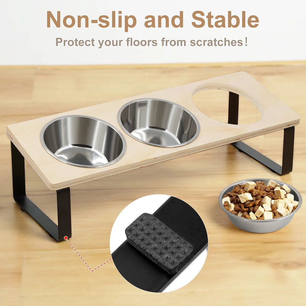 Triple Raised Feeding Bowls for small Dogs & Cats | Ergonomic Wooden Stand